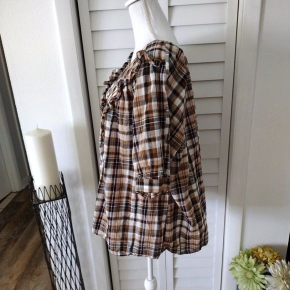 EUC 3X Terra & Sky Plaid Ruffle-Front Short-Sleeve Blouse, 100% Cotton - Picture 7 of 11